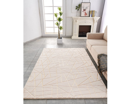 Furnings Lily Luxury Beige Geometric Abstract Gold-Gilded Chinchilla Faux Fur Area Rug - 3'L x 2'W