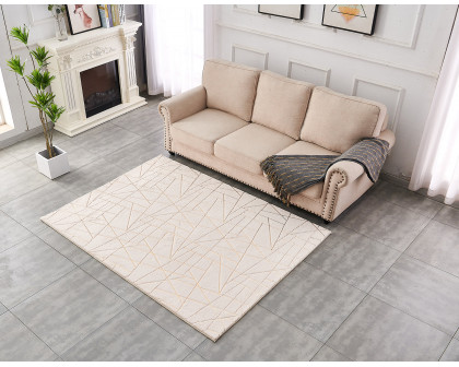 Furnings Lily Luxury Beige Geometric Abstract Gold-Gilded Chinchilla Faux Fur Area Rug - 3'L x 2'W