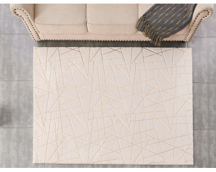 Furnings Lily Luxury Beige Geometric Abstract Gold-Gilded Chinchilla Faux Fur Area Rug - 3'L x 2'W