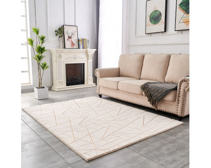 Furnings - Lily Luxury Beige Geometric Abstract Gold-Gilded Chinchilla Faux Fur Area Rug