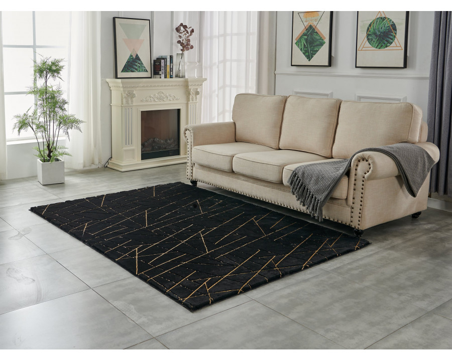 Furnings - Lily Luxury Black Geometric Washable Abstract Gold-Gilded Chinchilla Faux Fur Area Rug