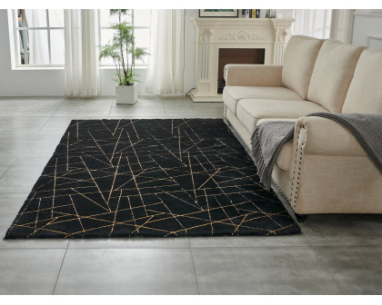 Furnings Lily Luxury Black Geometric Washable Abstract Gold-Gilded Chinchilla Faux Fur Area Rug - 3'L x 2'W