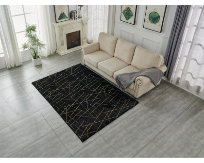 Furnings Lily Luxury Black Geometric Washable Abstract Gold-Gilded Chinchilla Faux Fur Area Rug - 3'L x 2'W