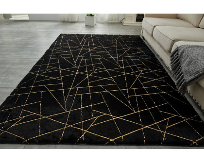 Furnings Lily Luxury Black Geometric Washable Abstract Gold-Gilded Chinchilla Faux Fur Area Rug - 3'L x 2'W