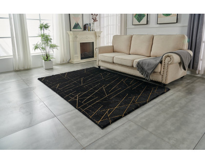 Furnings Lily Luxury Black Geometric Washable Abstract Gold-Gilded Chinchilla Faux Fur Area Rug - 3'L x 2'W