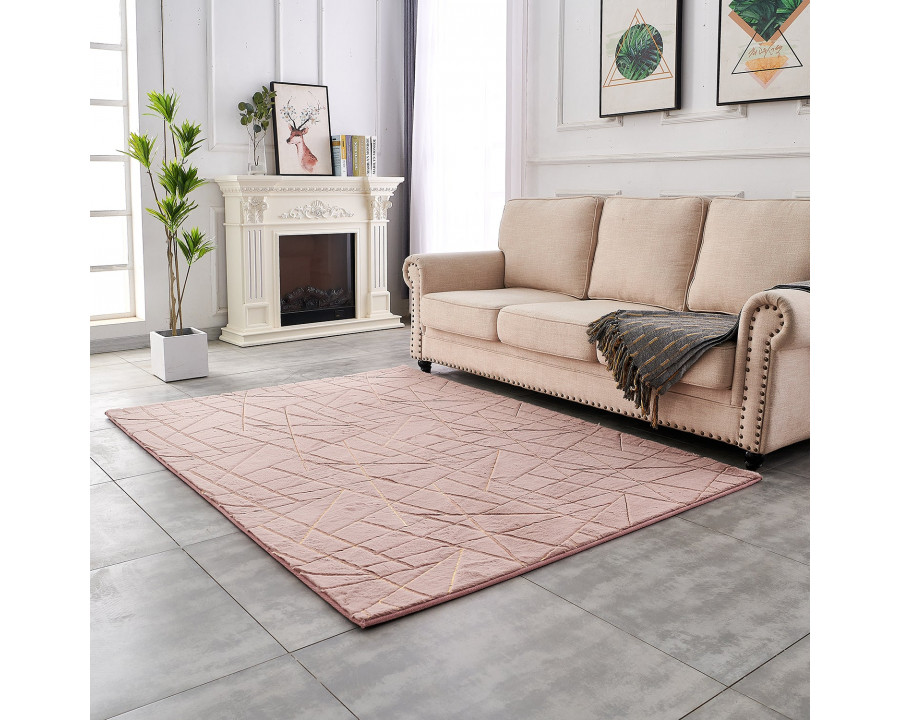 Furnings Lily Luxury Dust Pink Geometric Washable Abstract Gold-Gilded Chinchilla Faux Fur Area Rug - 3'L x 2'W