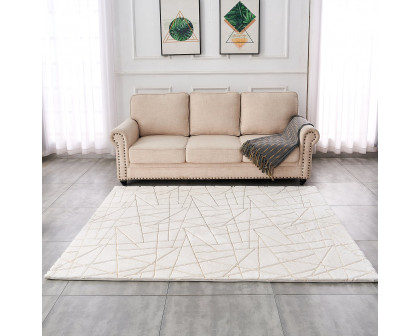 Furnings Lily Luxury White Geometric Abstract Gold-Gilded Chinchilla Faux Fur Area Rug - 3'L x 2'W