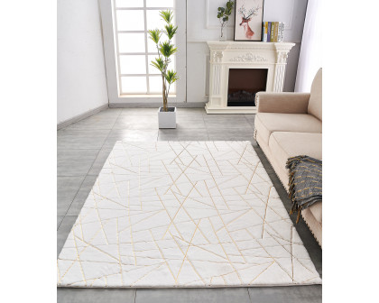 Furnings Lily Luxury White Geometric Abstract Gold-Gilded Chinchilla Faux Fur Area Rug - 3'L x 2'W