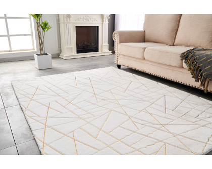 Furnings Lily Luxury White Geometric Abstract Gold-Gilded Chinchilla Faux Fur Area Rug - 3'L x 2'W