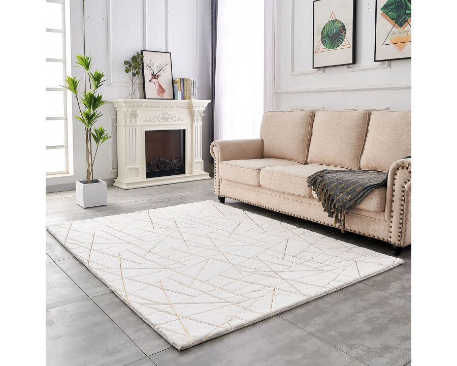 Furnings Lily Luxury White Geometric Abstract Gold-Gilded Chinchilla Faux Fur Area Rug - 7'L x 5'W