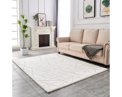 Furnings - Lily Luxury White Geometric Abstract Gold-Gilded Chinchilla Faux Fur Area Rug