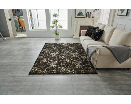 Furnings Lily Luxury Washable Black Abstract Gold-Gilded Chinchilla Faux Fur Area Rug - 3'L x 2'W