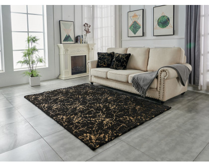 Furnings Lily Luxury Washable Black Abstract Gold-Gilded Chinchilla Faux Fur Area Rug - 3'L x 2'W