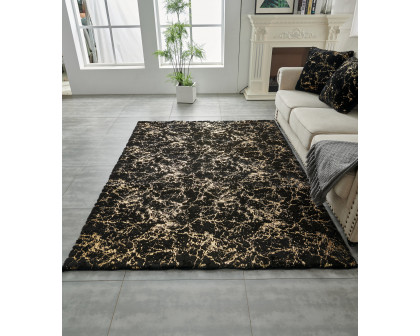 Furnings Lily Luxury Washable Black Abstract Gold-Gilded Chinchilla Faux Fur Area Rug - 3'L x 2'W