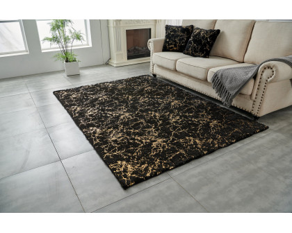 Furnings - Lily Luxury Washable Black Abstract Gold-Gilded Chinchilla Faux Fur Area Rug