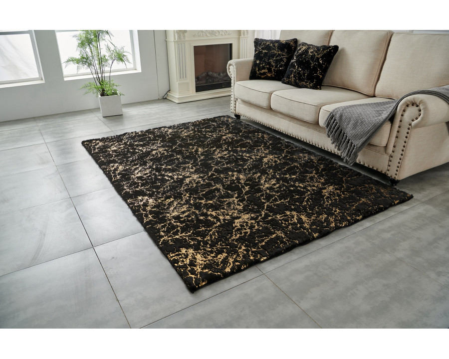 Furnings Lily Luxury Washable Black Abstract Gold-Gilded Chinchilla Faux Fur Area Rug - 9'L x 6'W