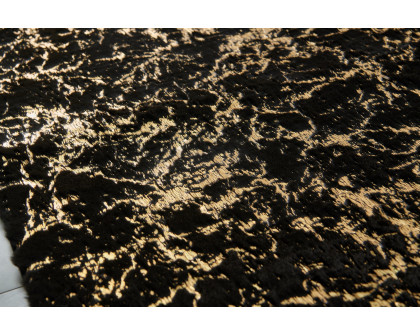 Furnings Lily Luxury Washable Black Abstract Gold-Gilded Chinchilla Faux Fur Area Rug - 9'L x 6'W