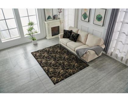 Furnings Lily Luxury Washable Black Abstract Gold-Gilded Chinchilla Faux Fur Area Rug - 9'L x 6'W