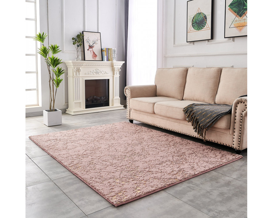 Furnings Lily Luxury Washable Dust Pink Abstract Gold-Gilded Chinchilla Faux Fur Area Rug - 3'L x 2'W