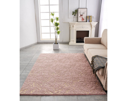 Furnings Lily Luxury Washable Dust Pink Abstract Gold-Gilded Chinchilla Faux Fur Area Rug - 3'L x 2'W