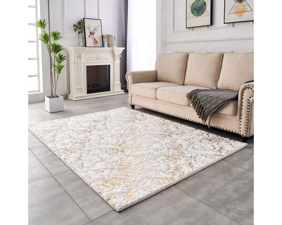 Furnings Lily Luxury White Washable Abstract Gold-Gilded Chinchilla Faux Fur Area Rug - 3'L x 2'W