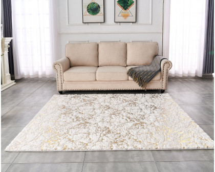 Furnings Lily Luxury White Washable Abstract Gold-Gilded Chinchilla Faux Fur Area Rug - 9'L x 6'W