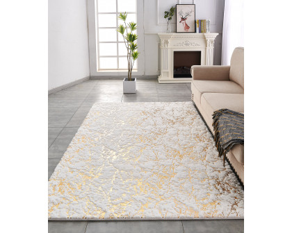 Furnings Lily Luxury White Washable Abstract Gold-Gilded Chinchilla Faux Fur Area Rug - 9'L x 6'W