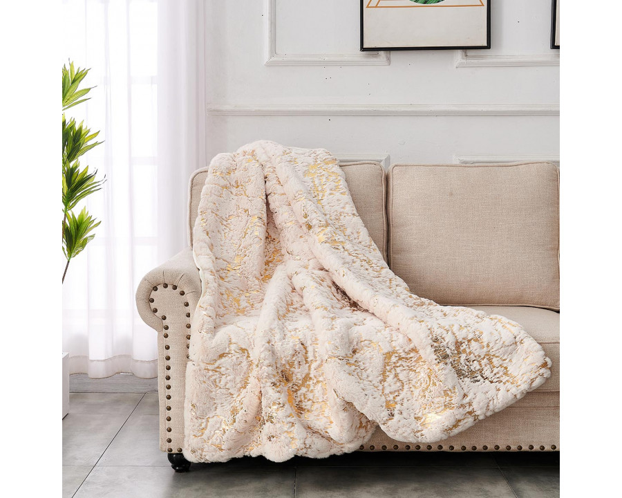 Furnings - Cassilda Luxury Chinchilla-like Faux Fur Beige and Gold Throw Blanket