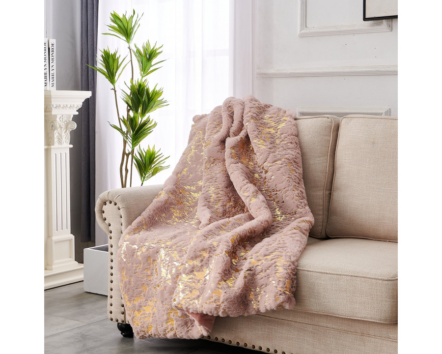 Furnings - Cassilda Luxury Chinchilla-like Faux Fur Pink and Gold Throw Blanket