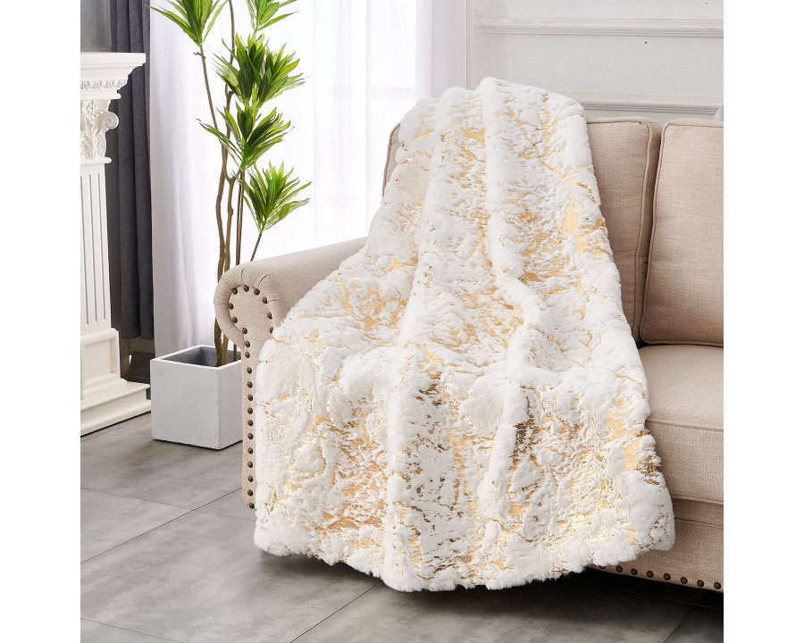 Furnings - Cassilda Luxury Chinchilla-like Faux Fur White and Gold Throw Blanket