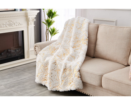 Furnings - Cassilda Luxury Chinchilla-like Faux Fur White and Gold Throw Blanket