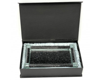 Furnings Black Crushed Diamond Glass Tray in Gift Box - 15.5"L x 6.5"W x 1.5"H