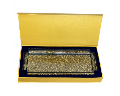 Furnings Gold Crushed Diamond Glass Tray in Gift Box - 15.5"L x 6.5"W x 1.5"H