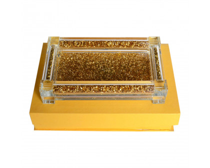 Furnings Gold Crushed Diamond Glass Tray in Gift Box - 15.5"L x 6.5"W x 1.5"H