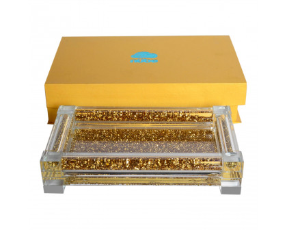 Furnings Gold Crushed Diamond Glass Tray in Gift Box - 15.5"L x 6.5"W x 1.5"H