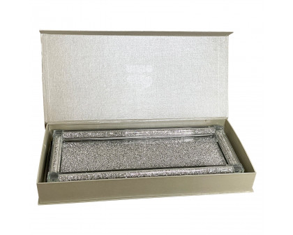 Furnings Silver Crushed Diamond Glass Tray in Gift Box - 15.5"L x 6.5"W x 1.5"H