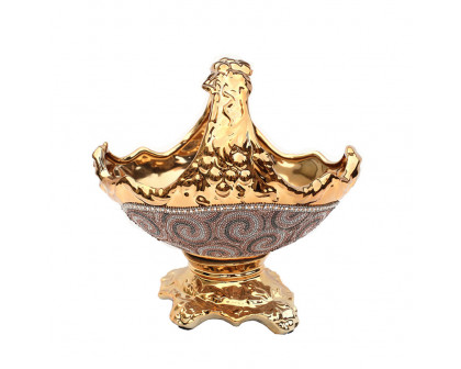 Furnings - Ambrose Gold Plated Crystal Embellished Ceramic Fruit Platter (12.25 In. x 9.25 In. x 11.75 In.)