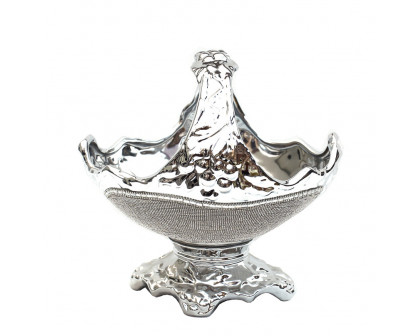 Furnings - Ambrose Chrome Plated Crystal Embellished Ceramic Fruit Platter (12.25 In. x 9.25 In. x 11.75 In.)