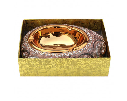 Furnings Ambrose Gold Plated Crystal Embellished Ceramic Ashtray (7.5 In. x 5.2 In. 2 In.)