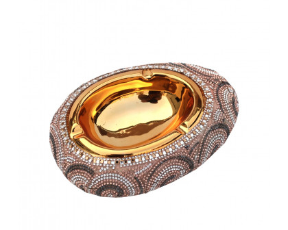 Furnings Ambrose Gold Plated Crystal Embellished Ceramic Ashtray (7.5 In. x 5.2 In. 2 In.)