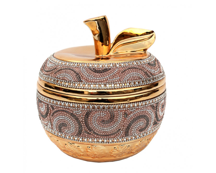 Furnings - Ambrose Gold Plated Crystal Embellished Lidded Ceramic Apple Bowl (7.5 In. x 7.5 In. x 8 In.)