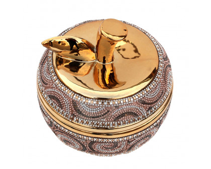 Furnings - Ambrose Gold Plated Crystal Embellished Lidded Ceramic Apple Bowl (7.5 In. x 7.5 In. x 8 In.)