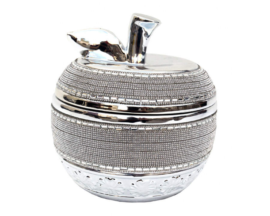 Furnings - Ambrose Chrome Plated Crystal Embellished Lidded Ceramic Apple Bowl (7.5 In. x 7.5 In. x 8 In.)