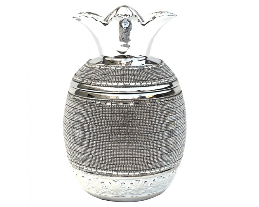 Furnings - Ambrose Chrome Plated Crystal Embellished Lidded Ceramic Pineapple Bowl (7 In. x 7 In. x 10.5 In.)