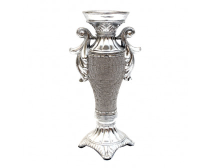 Furnings - Ambrose Chrome Plated Crystal Embellished Ceramic Candlestick Holder (6 In. x 4 In. x 11.5 In.)