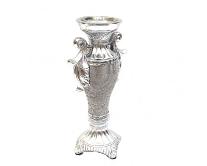 Furnings - Ambrose Chrome Plated Crystal Embellished Ceramic Candlestick Holder (6 In. x 4 In. x 11.5 In.)