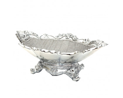 Furnings - Ambrose Chrome Plated Crystal Embellished Floral Ceramic Plate (16.5 In. x 10.6 In. 4.2 In.)