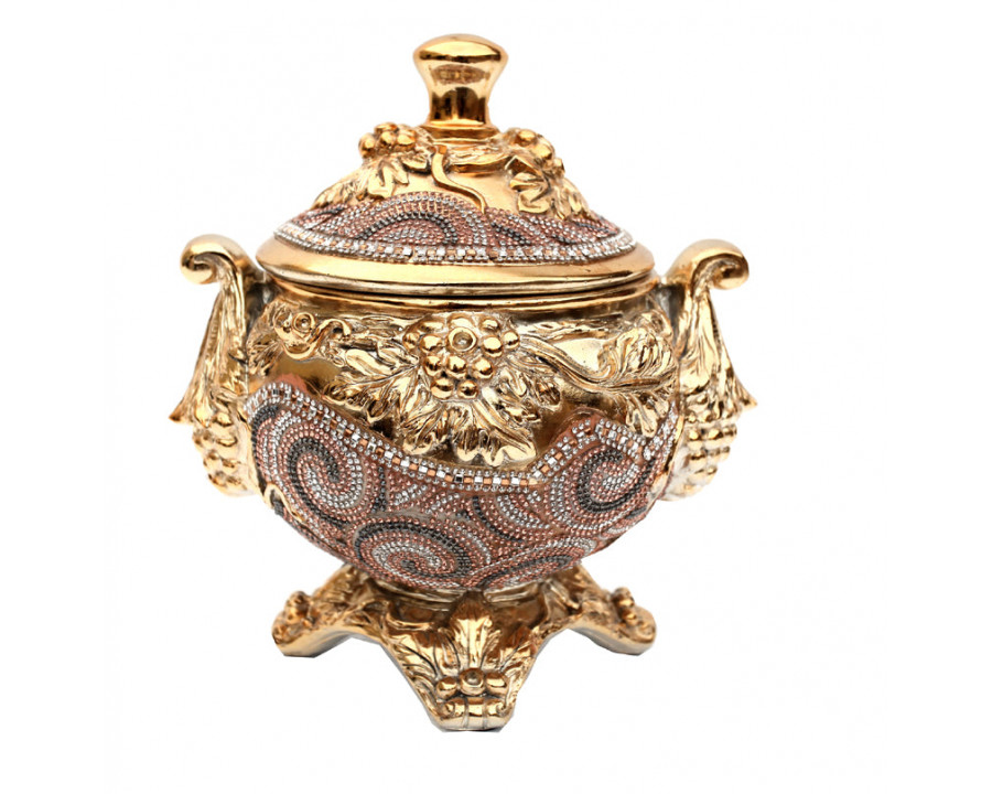 Furnings - Ambrose Gold Plated Crystal Embellished Lidded Ceramic Bowl (9 In. x 7 In. x 9.5 In.)