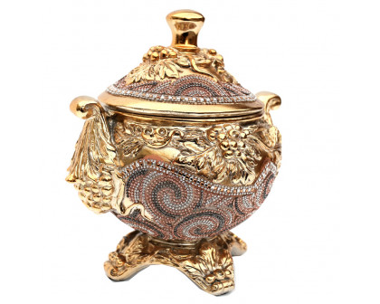 Furnings - Ambrose Gold Plated Crystal Embellished Lidded Ceramic Bowl (9 In. x 7 In. x 9.5 In.)