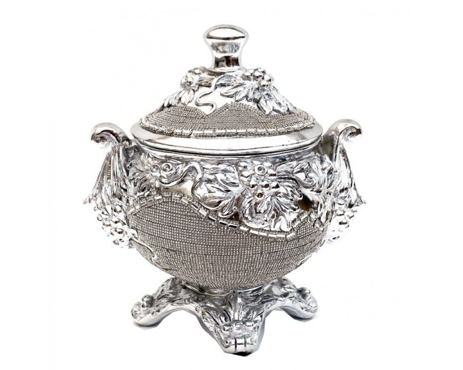 Furnings - Ambrose Chrome Plated Crystal Embellished Lidded Ceramic Bowl (9 In. x 7 In. x 9.5 In.)